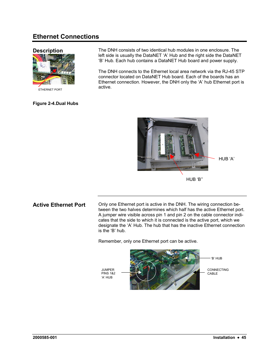 Ethernet connections, Description, Active ethernet port | Siemens DataNET Hub (DNH) User Manual | Page 53 / 97