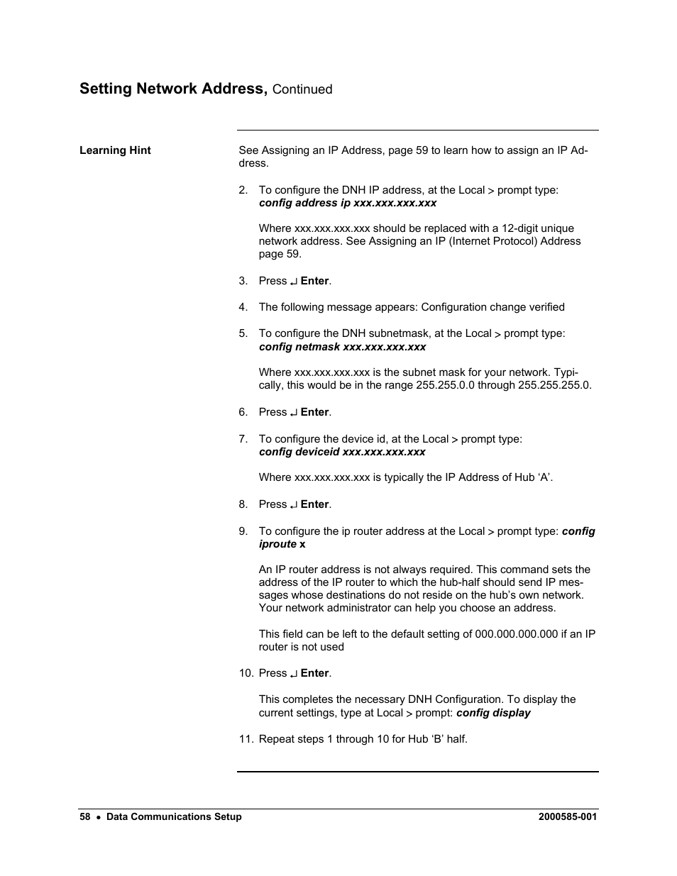 Setting network address | Siemens DataNET Hub (DNH) User Manual | Page 58 / 97