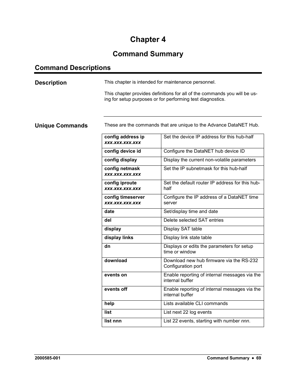 Command summary, Command descriptions, Chapter 4 | Siemens DataNET Hub (DNH) User Manual | Page 77 / 97