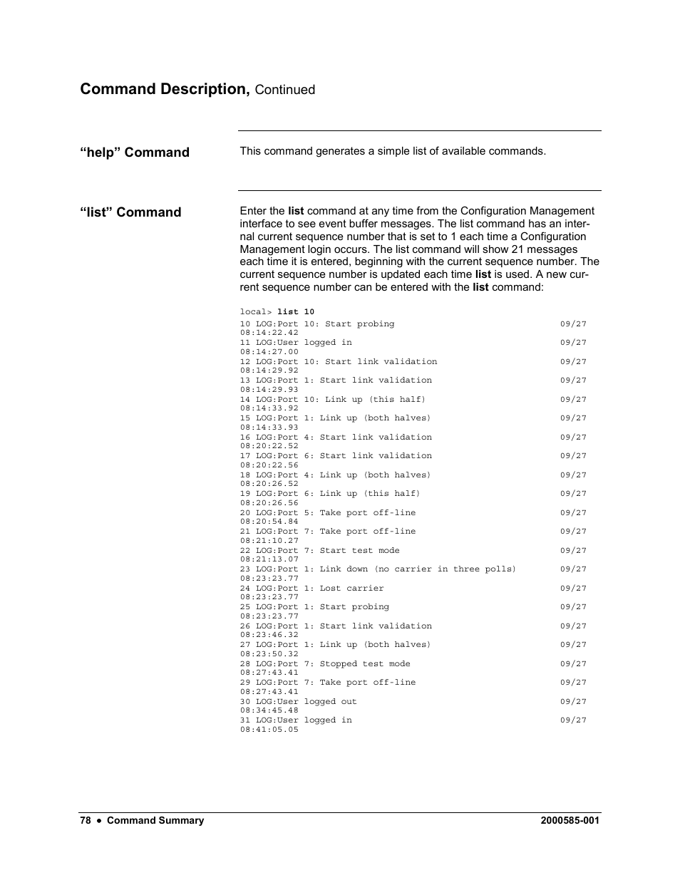 Command description, Continued, Help” command “list” command | Siemens DataNET Hub (DNH) User Manual | Page 86 / 97