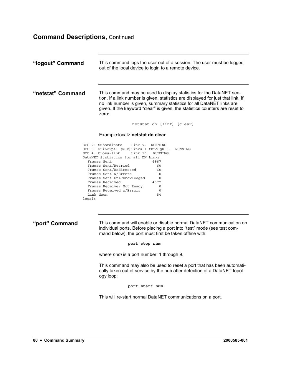 Command descriptions, Continued, Logout” command “netstat” command “port” command | Siemens DataNET Hub (DNH) User Manual | Page 88 / 97