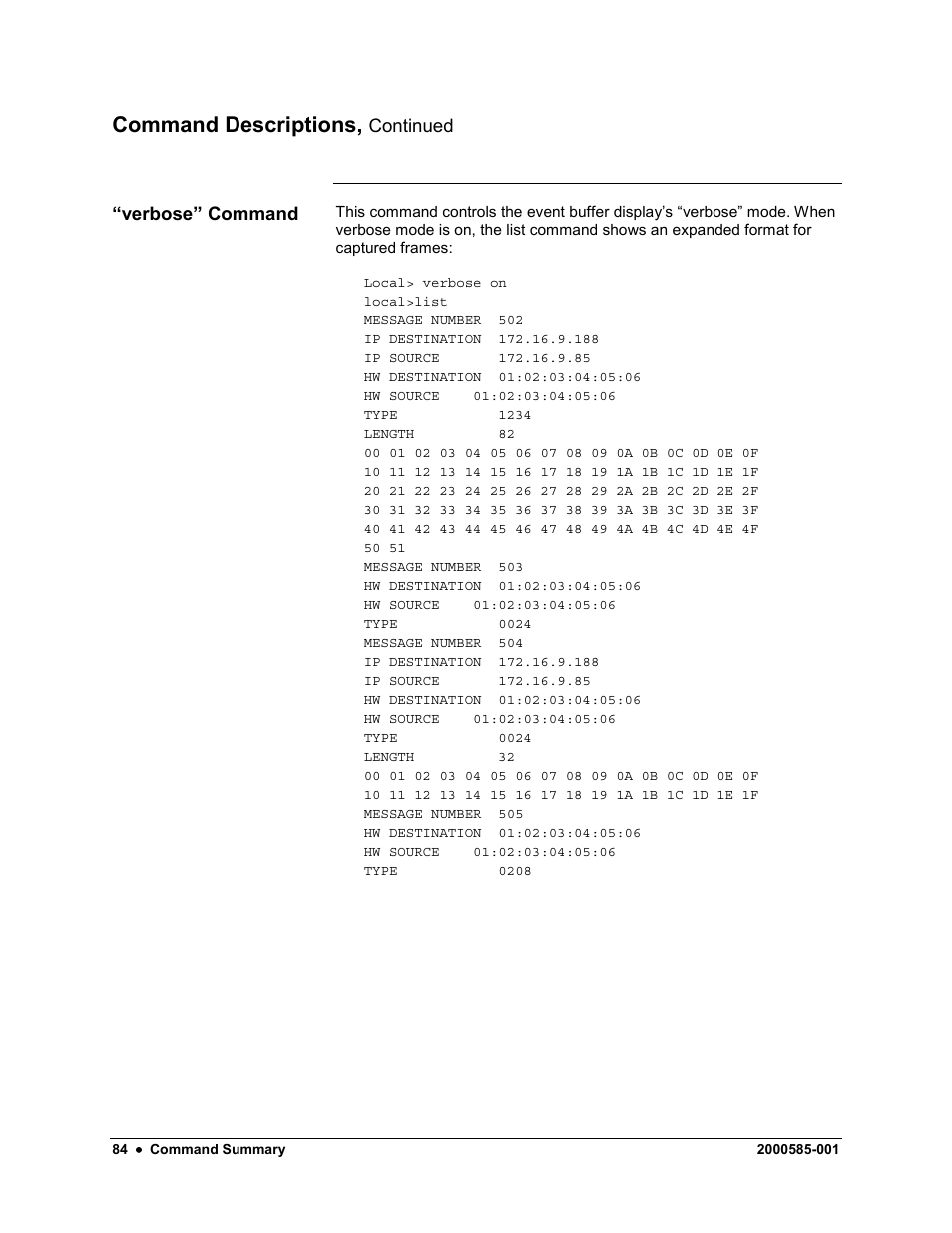 Command descriptions, Continued, Verbose” command | Siemens DataNET Hub (DNH) User Manual | Page 92 / 97