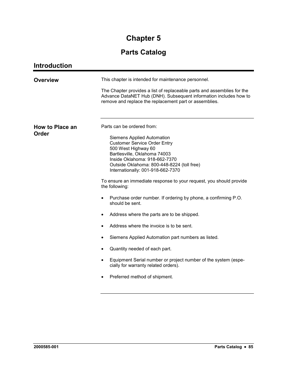 Parts catalog, Introduction, Chapter 5 | Siemens DataNET Hub (DNH) User Manual | Page 93 / 97