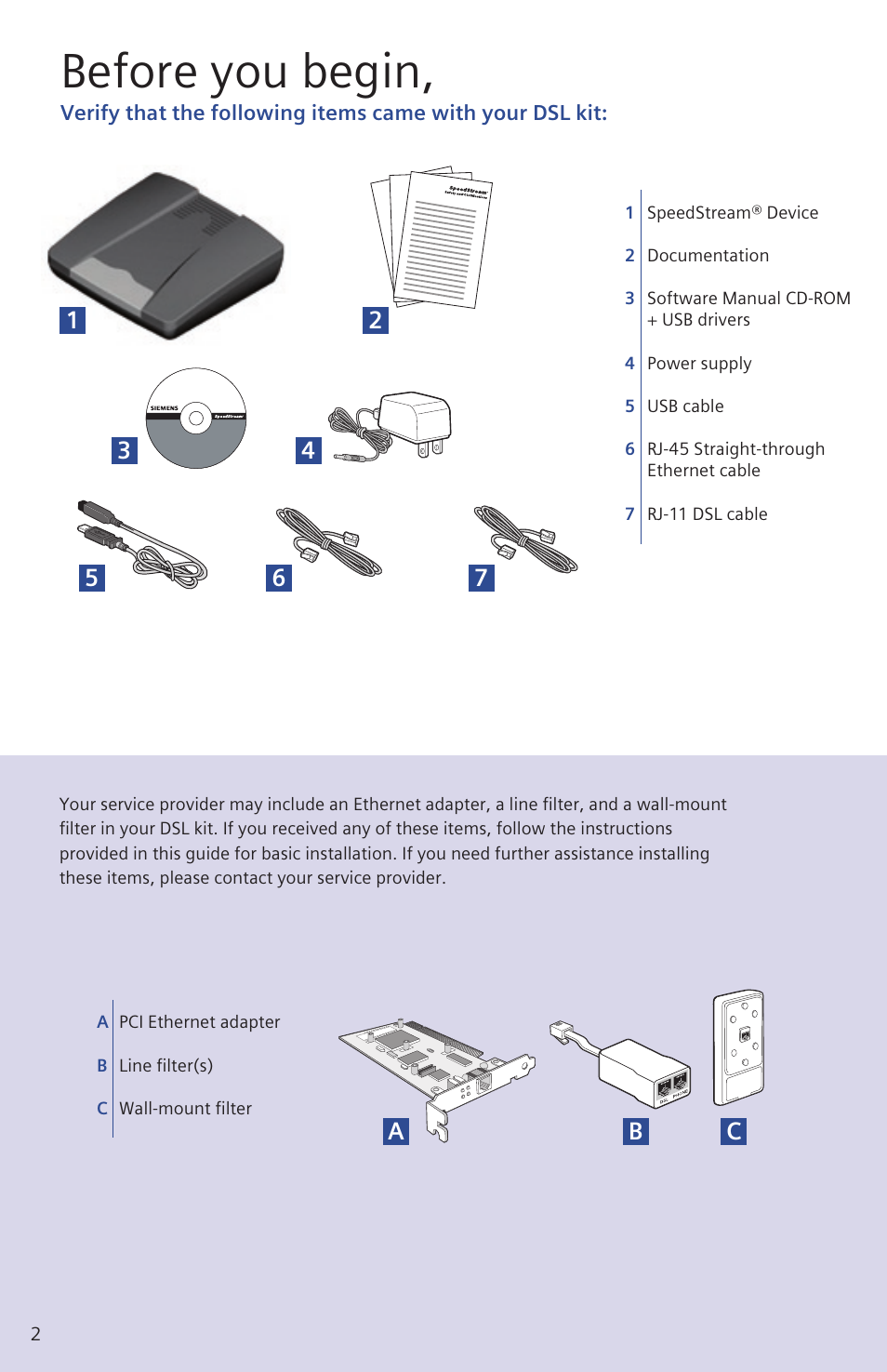 Before you begin, Ab c 4 5 6 7 | Siemens SpeedStream 4200 User Manual | Page 2 / 8