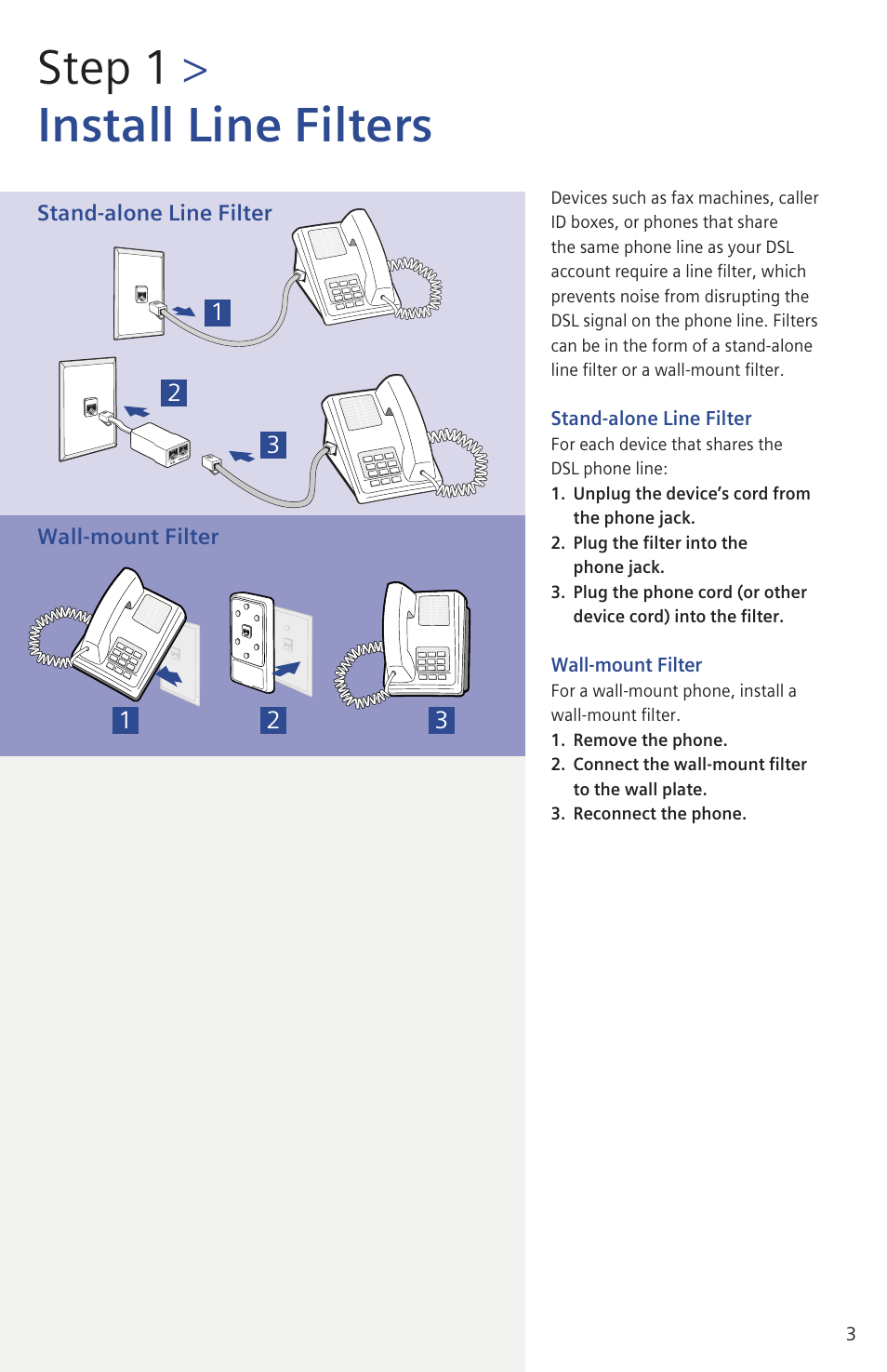 Step 1, Install line filters | Siemens SpeedStream 4200 User Manual | Page 3 / 8