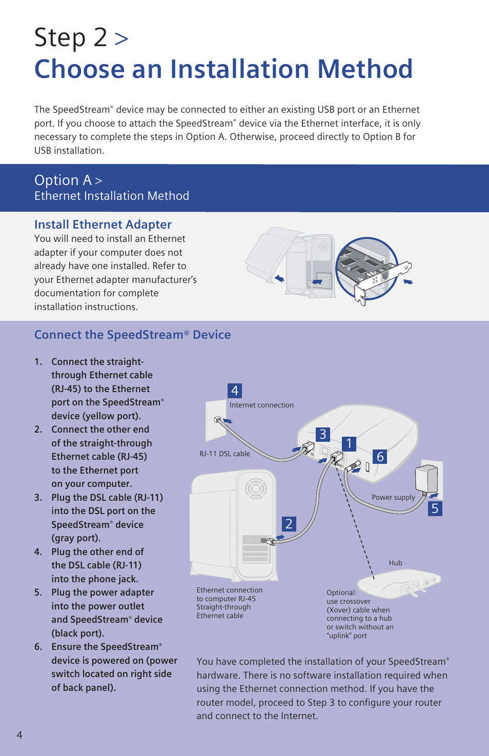 Step 2, Choose an installation method, Option a | Connect the speedstream, Device | Siemens SpeedStream 4200 User Manual | Page 4 / 8