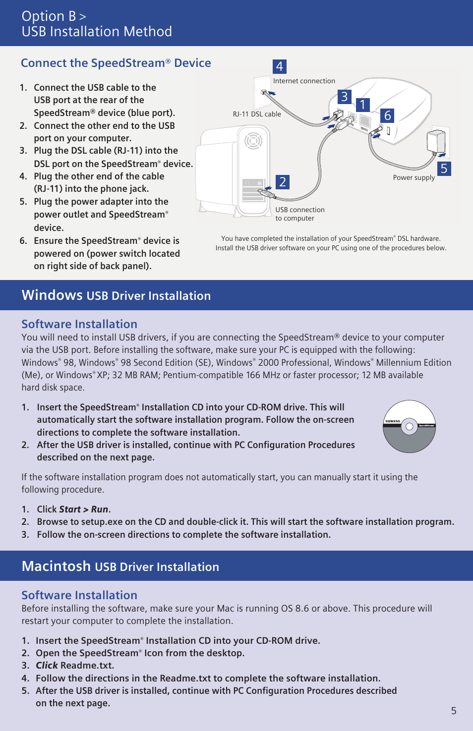 Windows, Macintosh, Option b | Usb installation method, Software installation, Connect the speedstream, Device, Usb driver installation | Siemens SpeedStream 4200 User Manual | Page 5 / 8