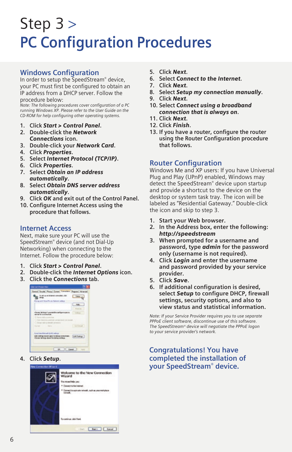 Step 3, Pc configuration procedures, Windows configuration | Internet access, Router configuration, Device | Siemens SpeedStream 4200 User Manual | Page 6 / 8