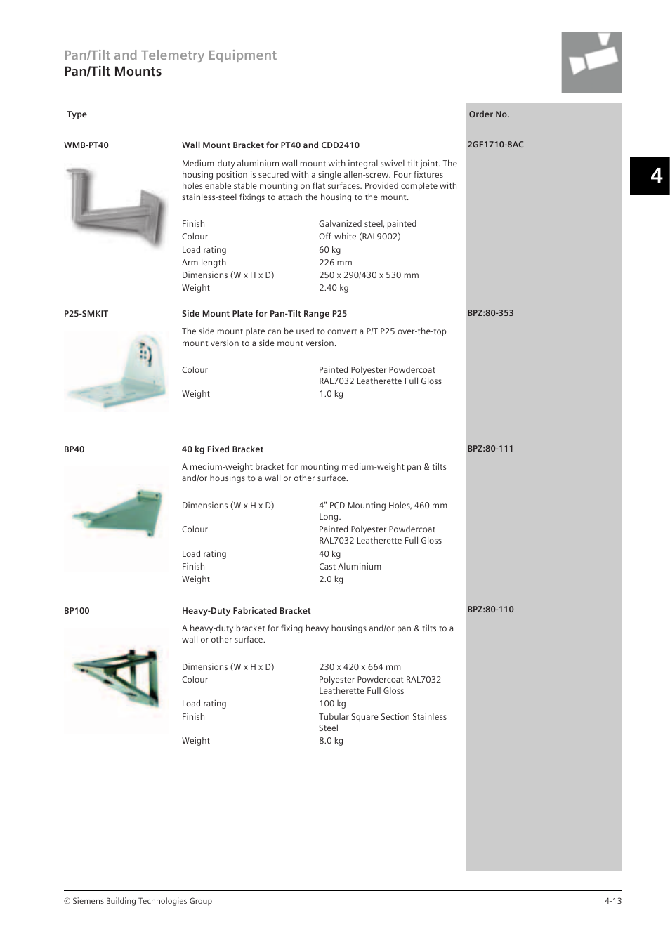 Pan/tilt and telemetry equipment pan/tilt mounts | Siemens TFT User Manual | Page 103 / 218