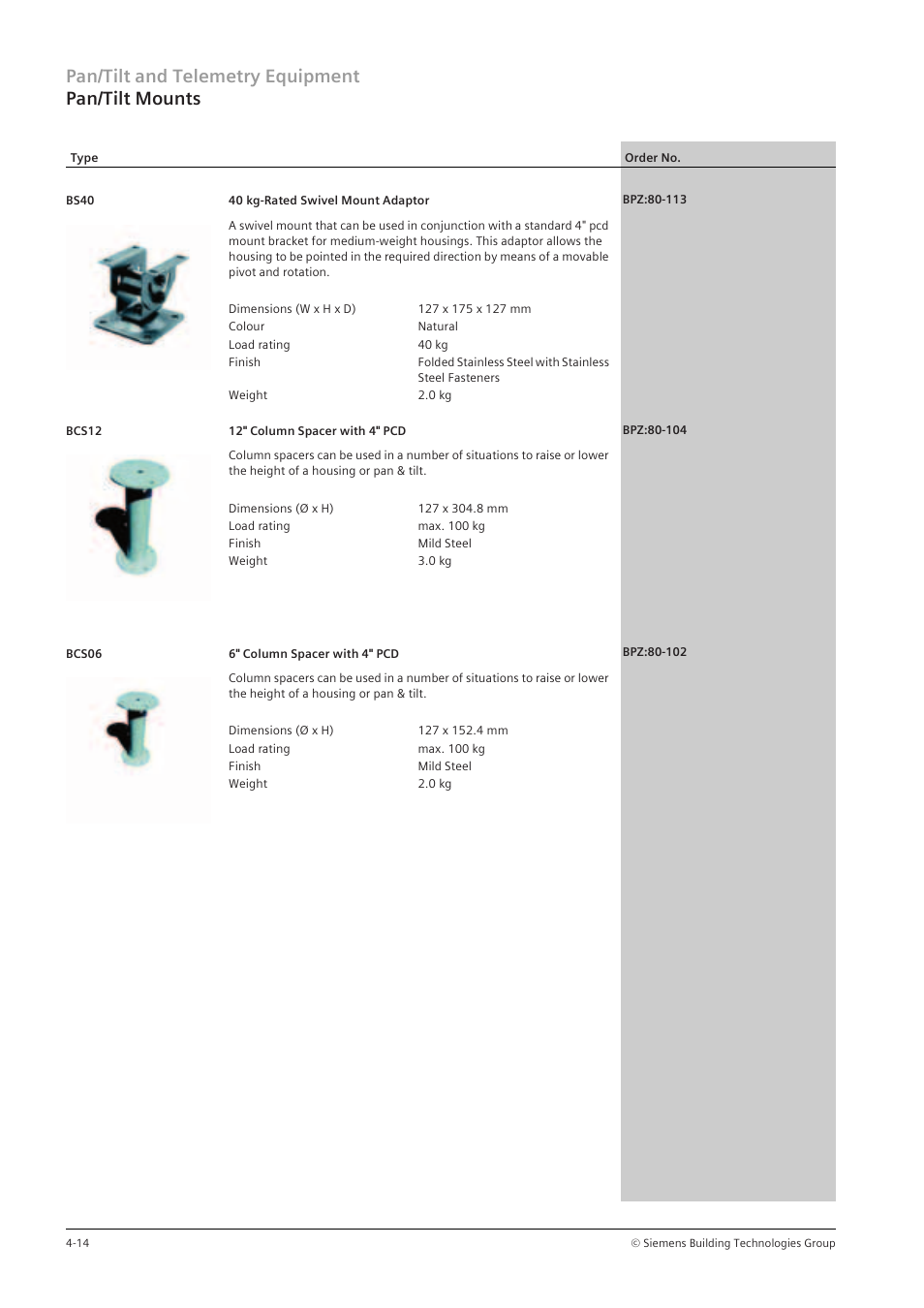 Pan/tilt and telemetry equipment pan/tilt mounts | Siemens TFT User Manual | Page 104 / 218