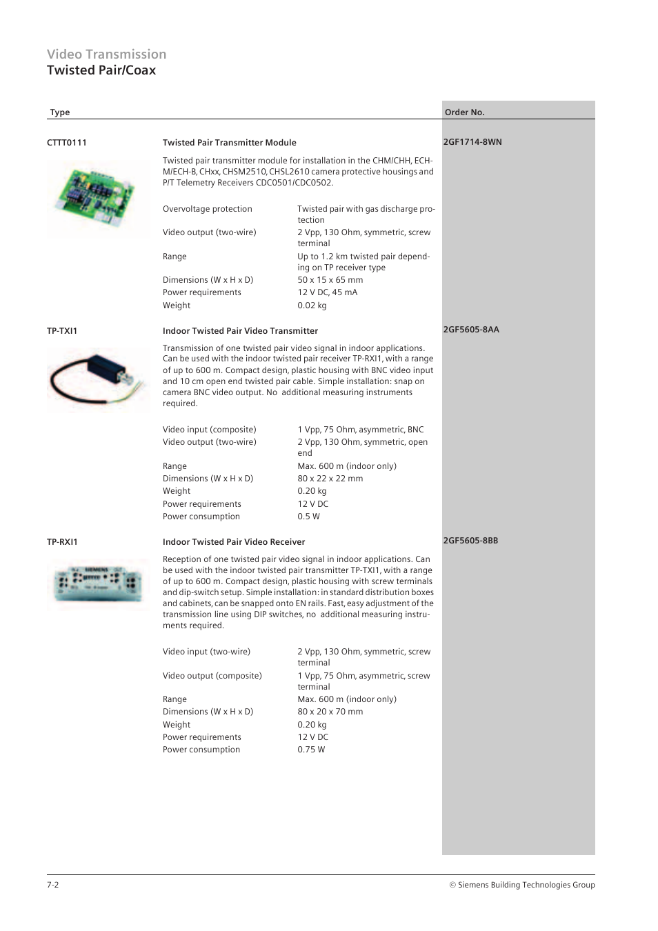 Video transmission twisted pair/coax | Siemens TFT User Manual | Page 124 / 218