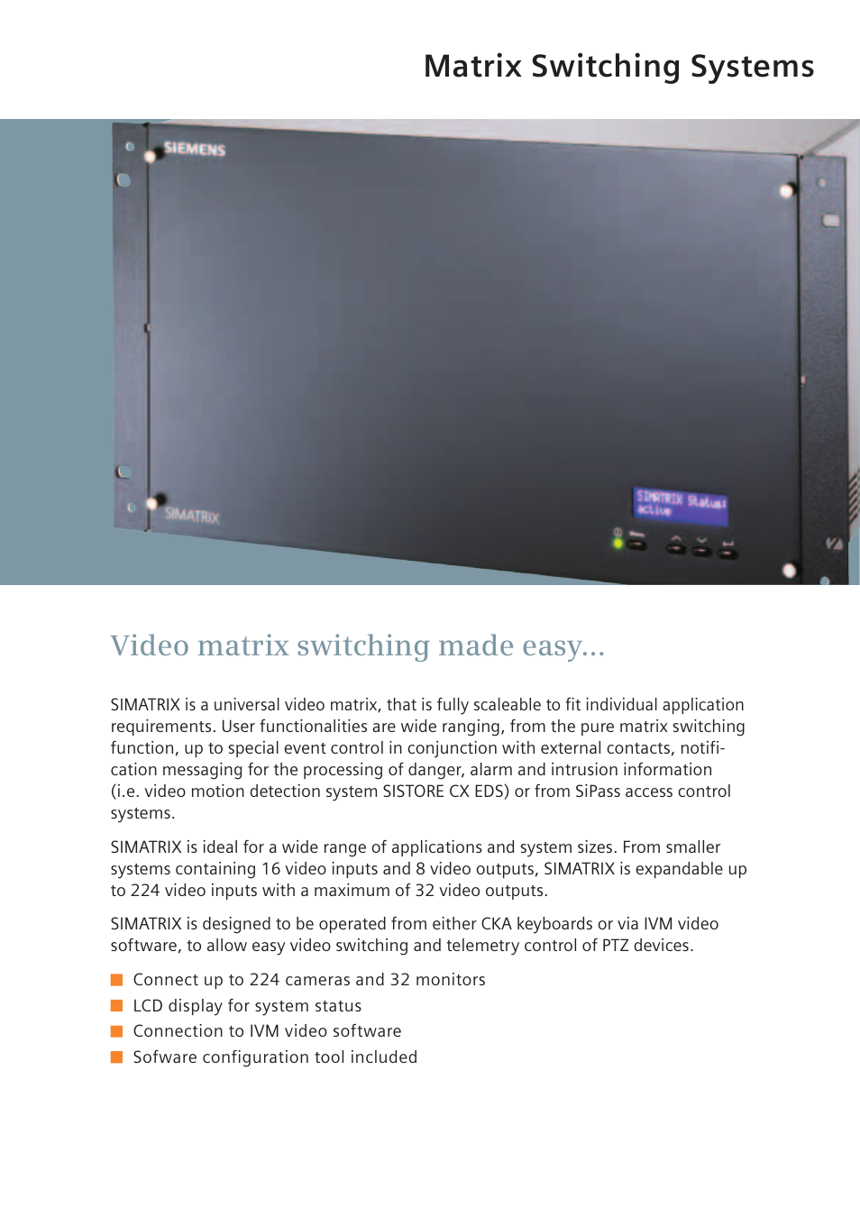 Matrix switching systems, Video matrix switching made easy | Siemens TFT User Manual | Page 133 / 218