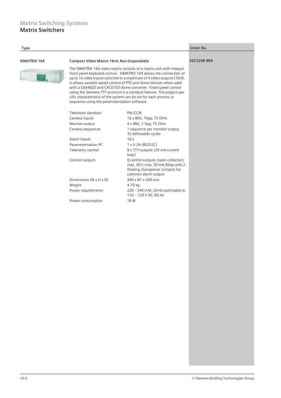 Matrix switching systems matrix switchers | Siemens TFT User Manual | Page 134 / 218