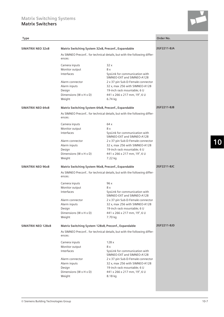 Matrix switching systems matrix switchers | Siemens TFT User Manual | Page 139 / 218