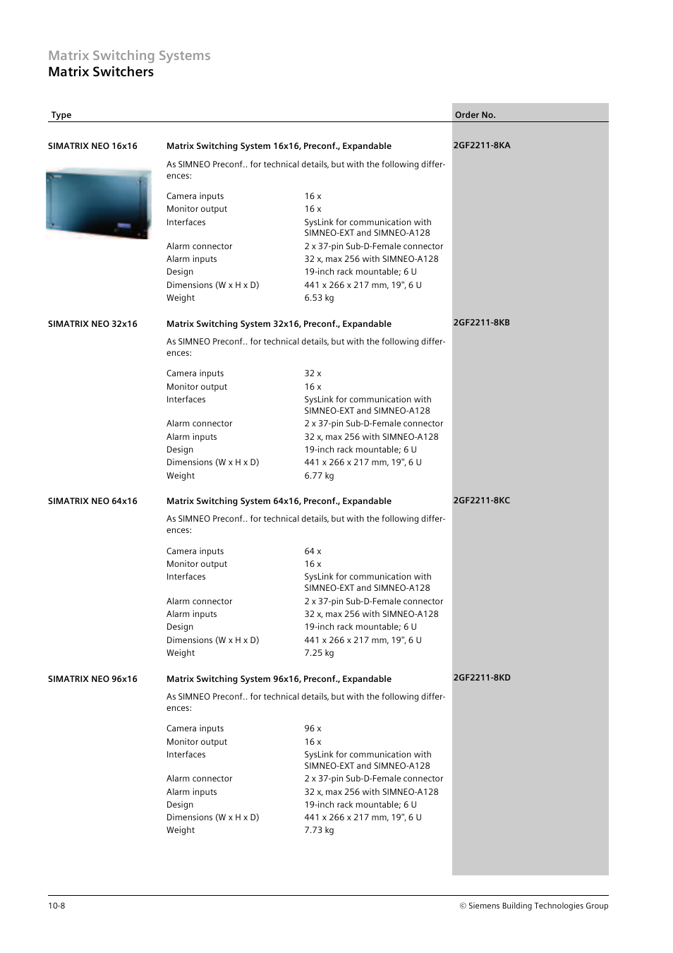 Matrix switching systems matrix switchers | Siemens TFT User Manual | Page 140 / 218