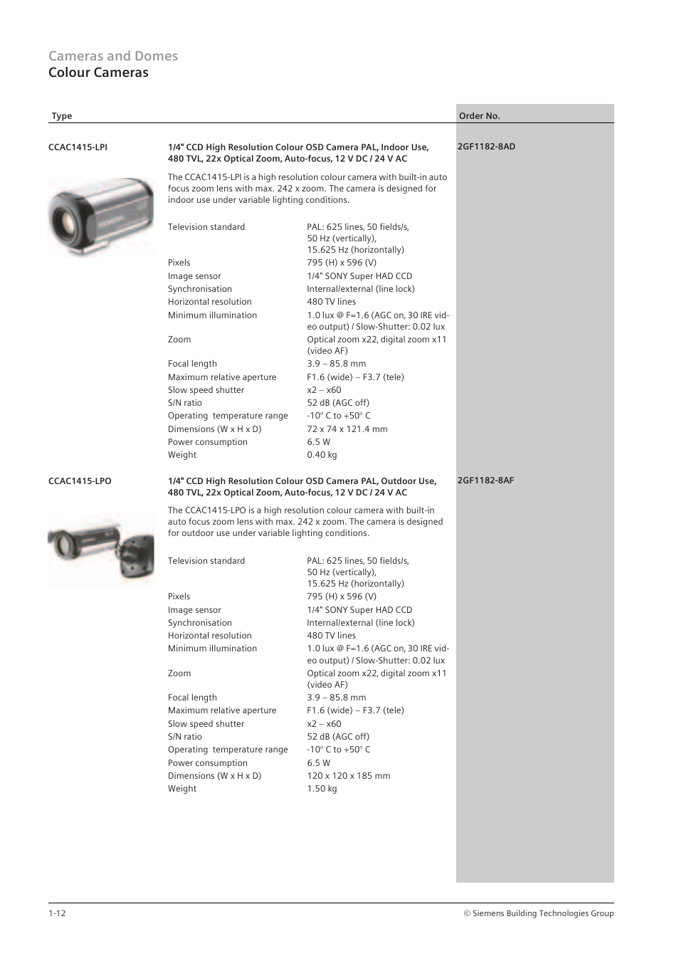 Cameras and domes colour cameras | Siemens TFT User Manual | Page 16 / 218