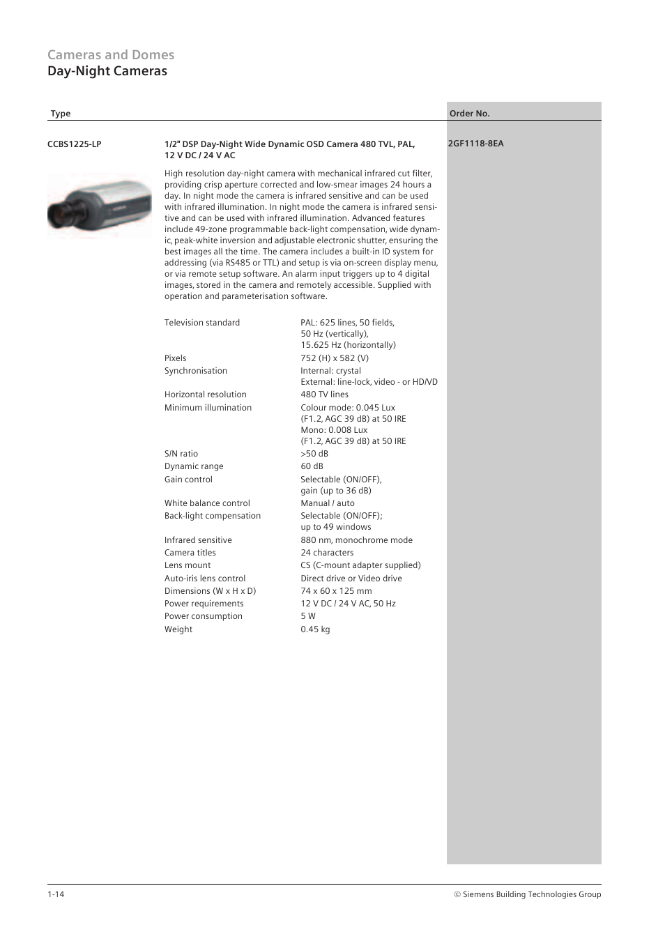 Cameras and domes day-night cameras | Siemens TFT User Manual | Page 18 / 218