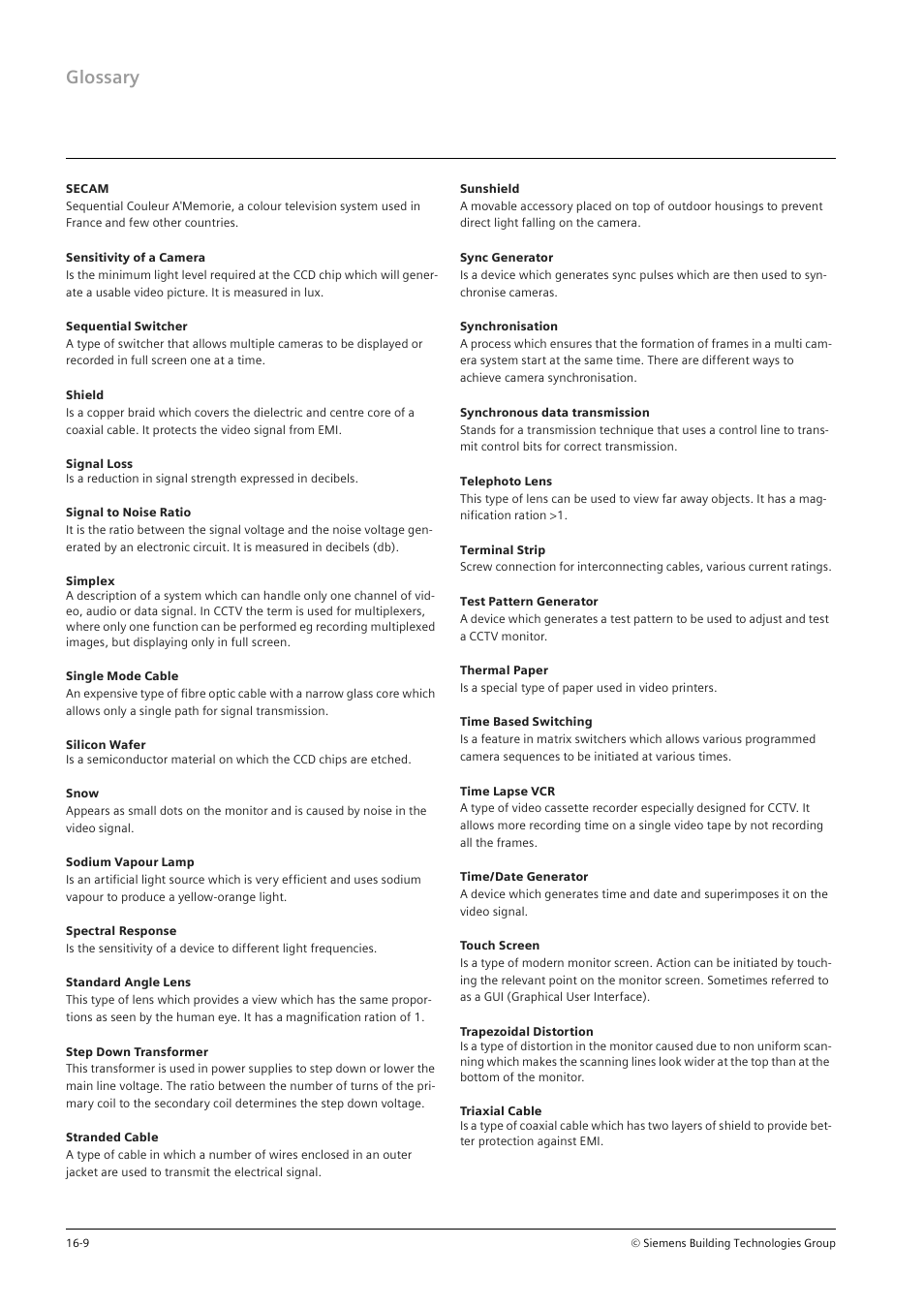 Glossary | Siemens TFT User Manual | Page 211 / 218