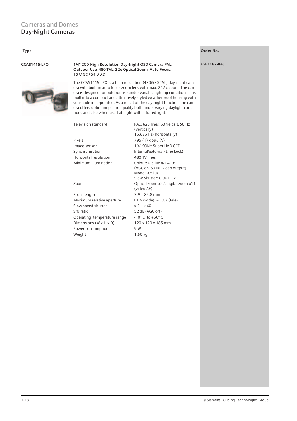 Cameras and domes day-night cameras | Siemens TFT User Manual | Page 22 / 218