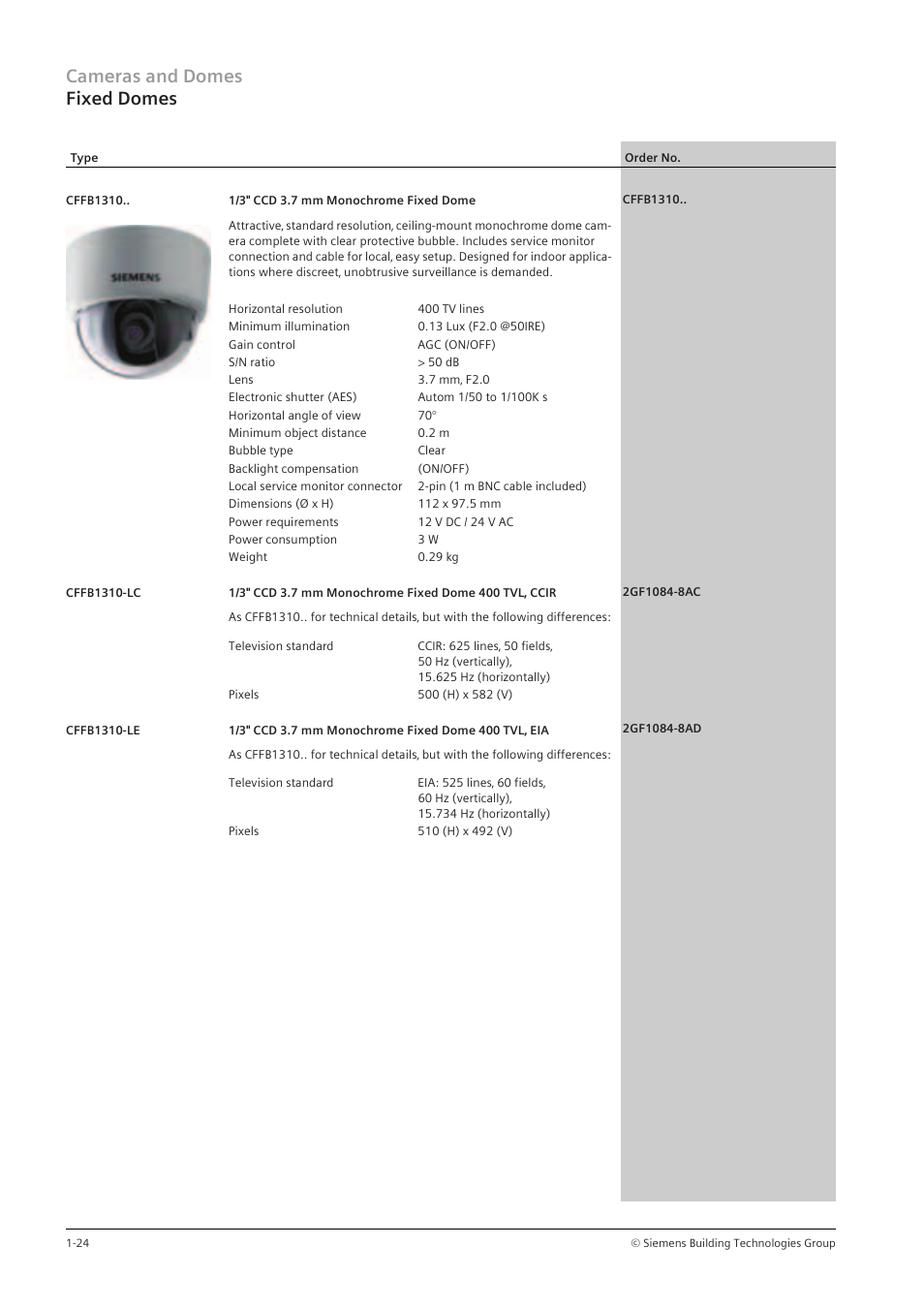 Cameras and domes fixed domes | Siemens TFT User Manual | Page 28 / 218