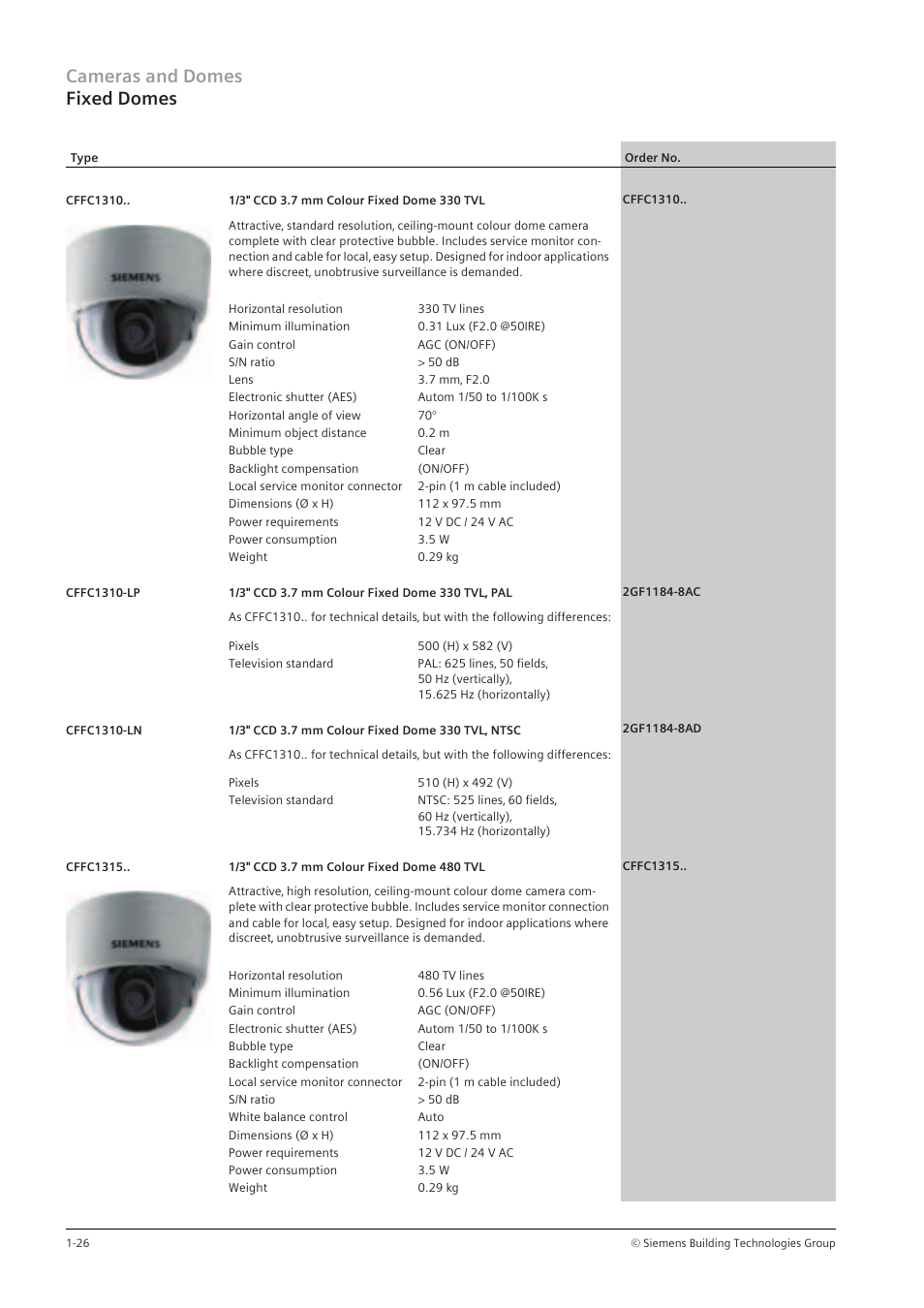 Cameras and domes fixed domes | Siemens TFT User Manual | Page 30 / 218