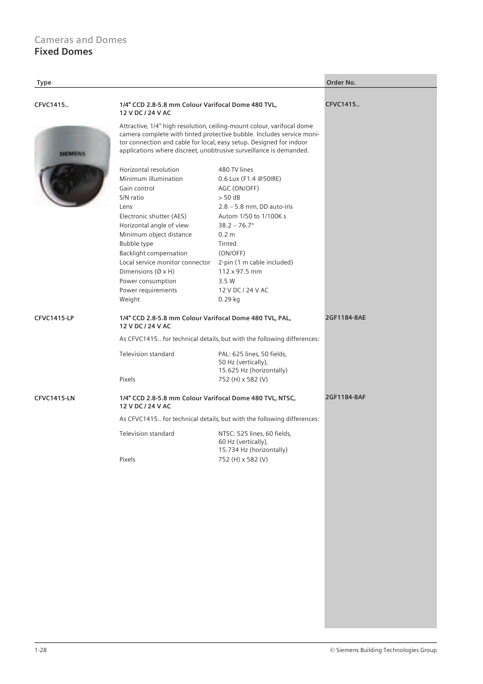 Cameras and domes fixed domes | Siemens TFT User Manual | Page 32 / 218