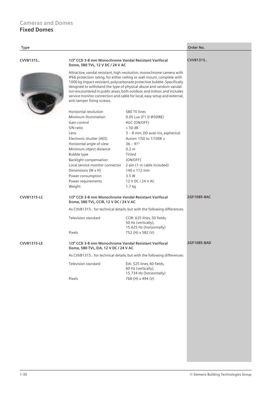 Cameras and domes fixed domes | Siemens TFT User Manual | Page 34 / 218