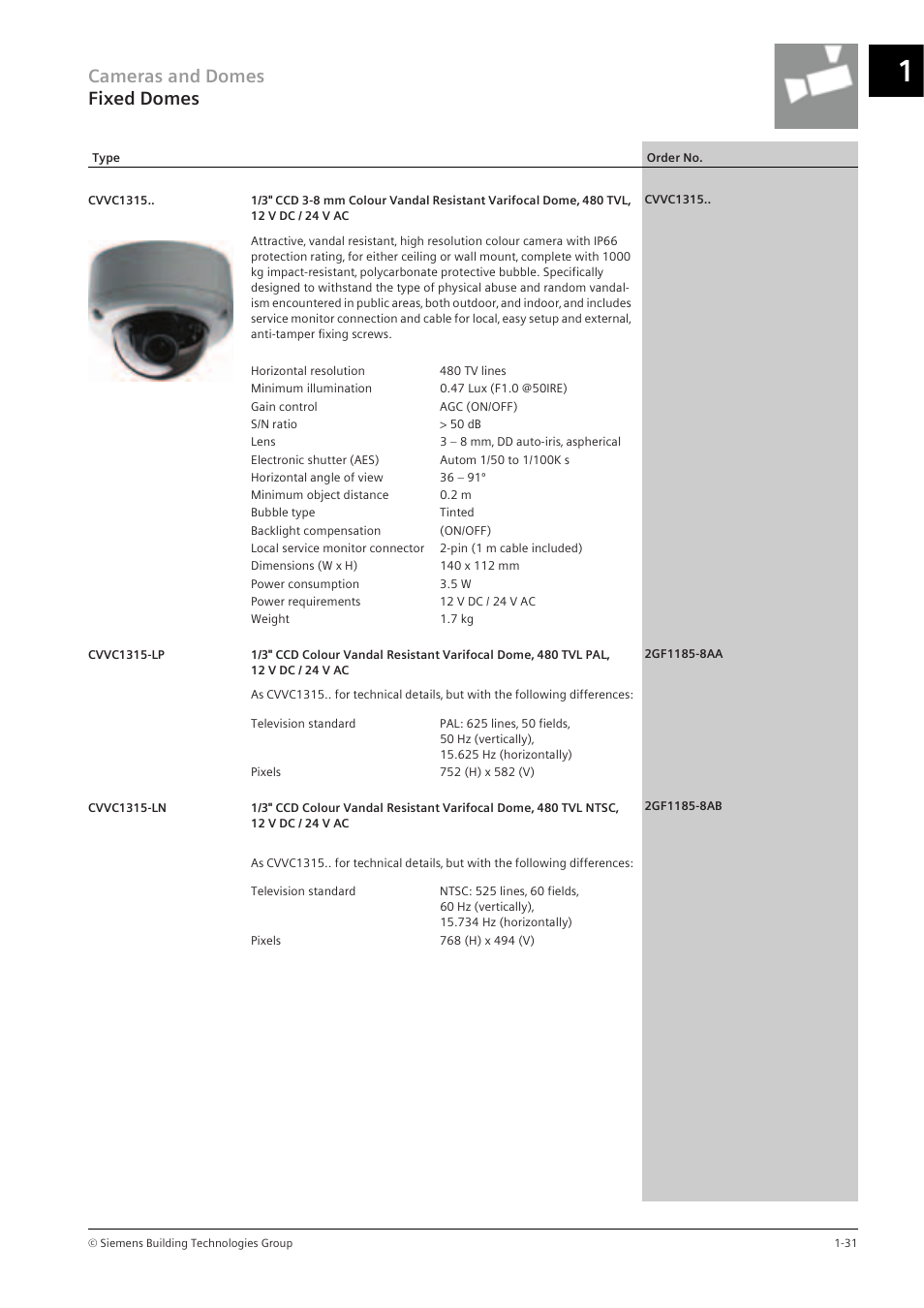 Cameras and domes fixed domes | Siemens TFT User Manual | Page 35 / 218