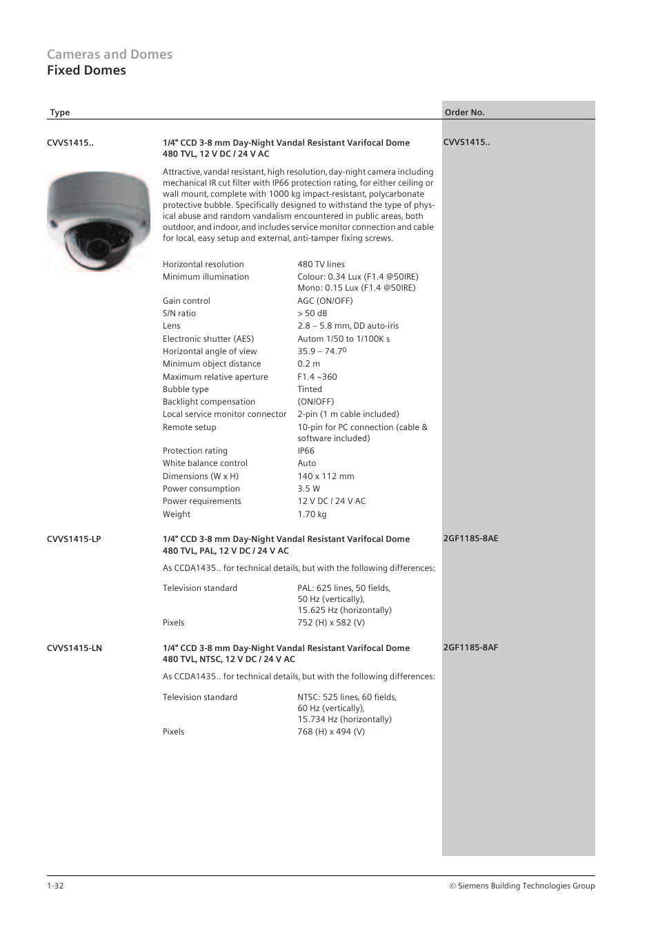 Cameras and domes fixed domes | Siemens TFT User Manual | Page 36 / 218