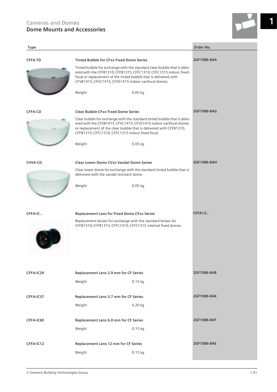 Cameras and domes dome mounts and accessories | Siemens TFT User Manual | Page 45 / 218