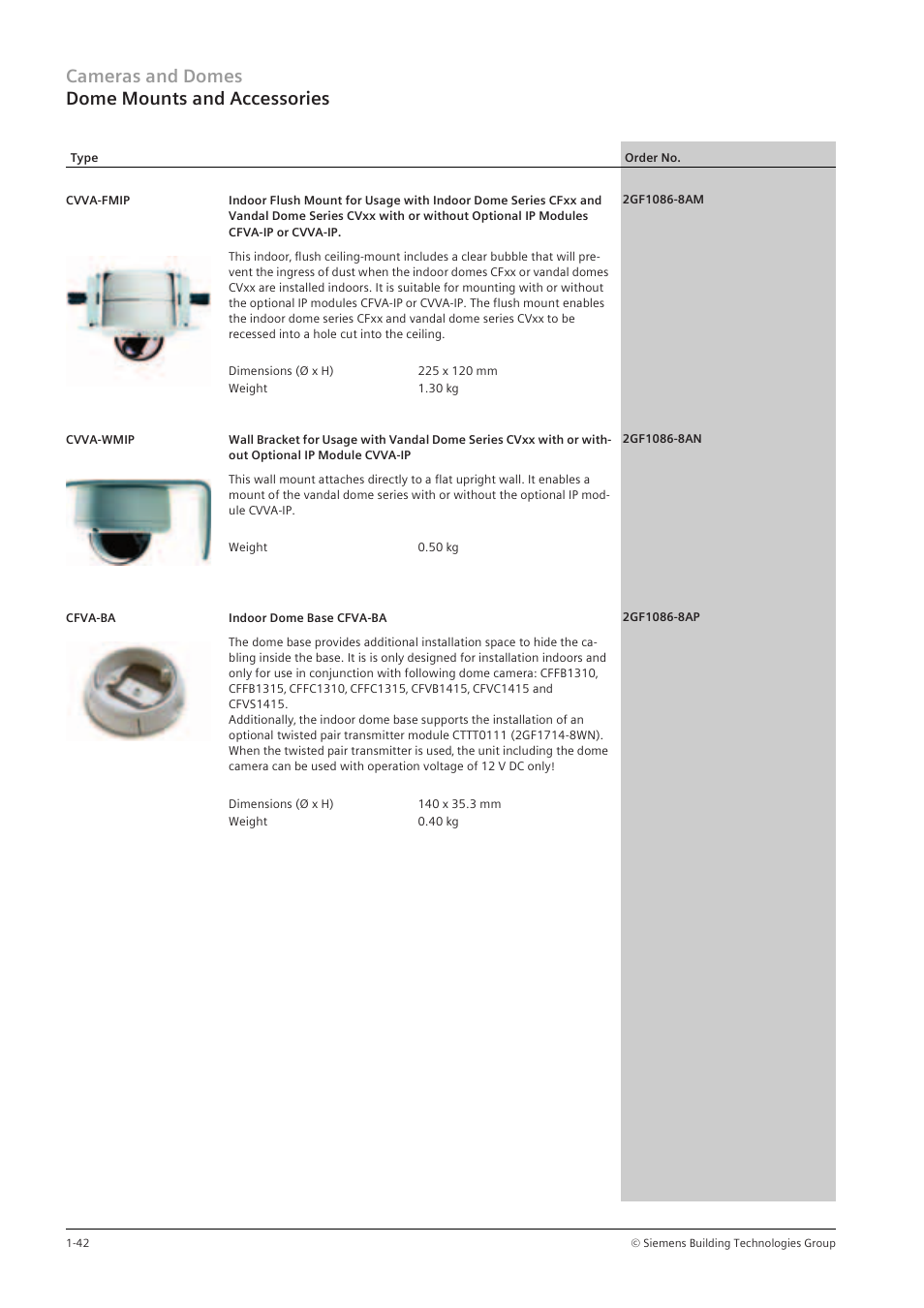 Cameras and domes dome mounts and accessories | Siemens TFT User Manual | Page 46 / 218