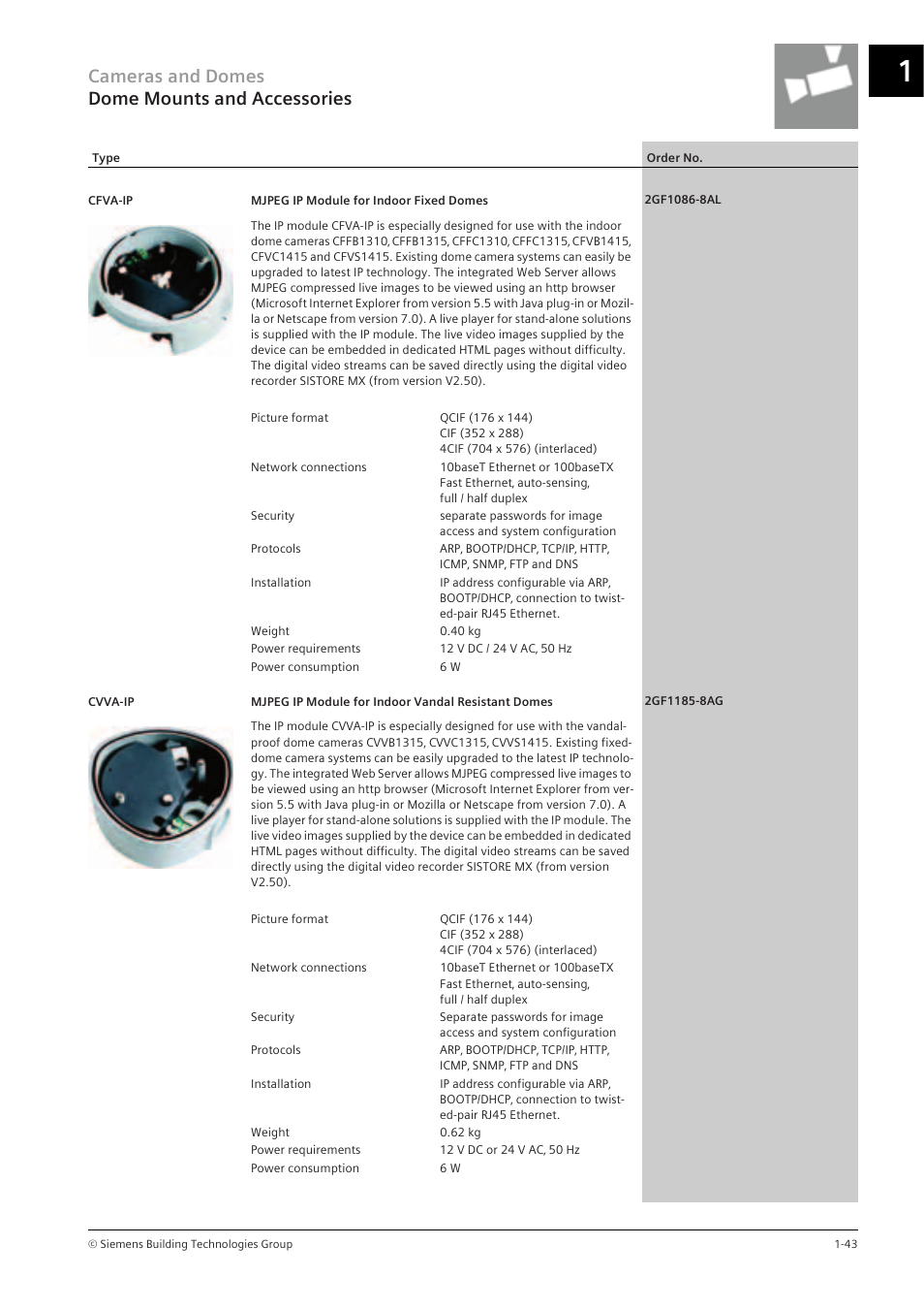 Cameras and domes dome mounts and accessories | Siemens TFT User Manual | Page 47 / 218