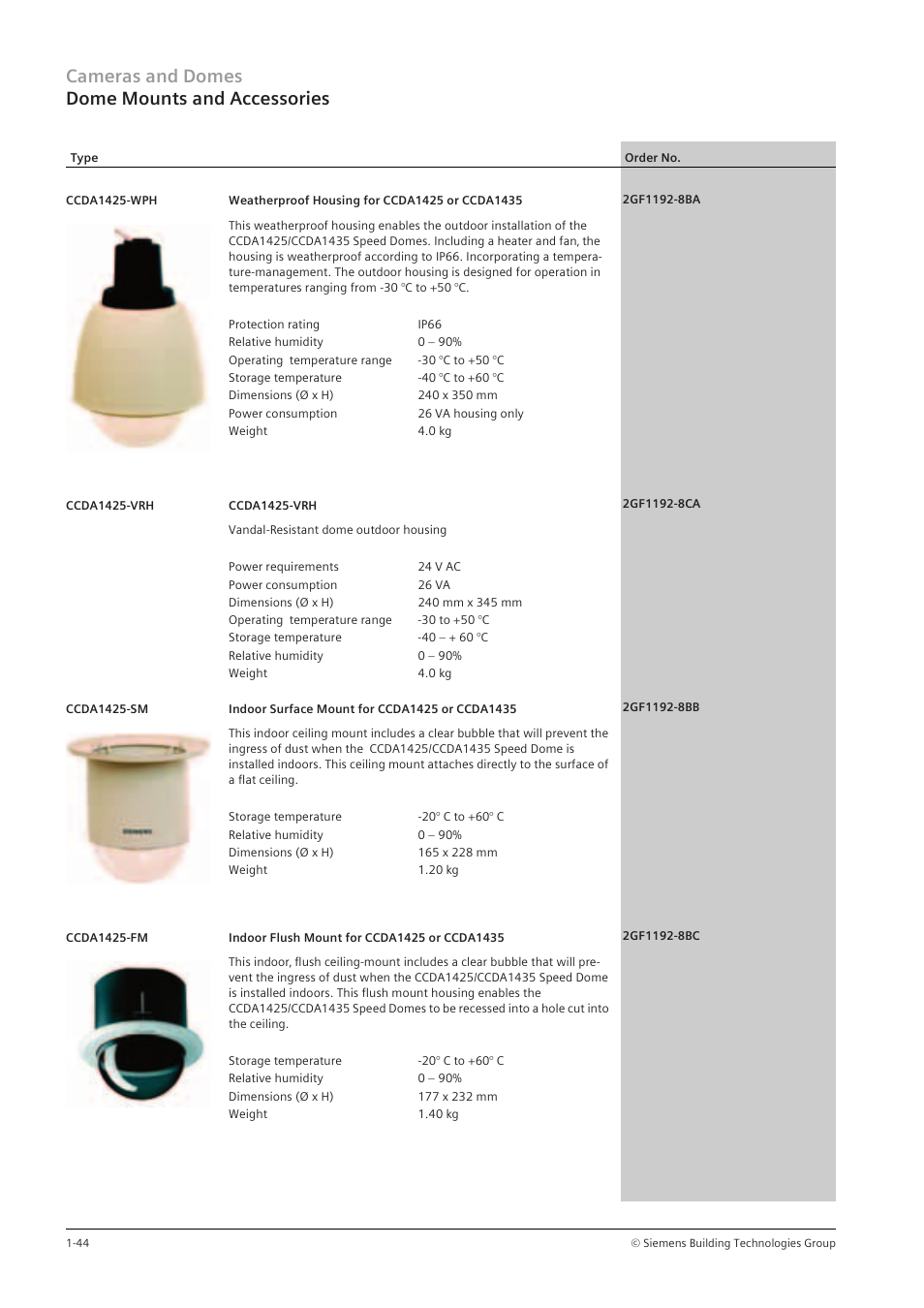 Cameras and domes dome mounts and accessories | Siemens TFT User Manual | Page 48 / 218