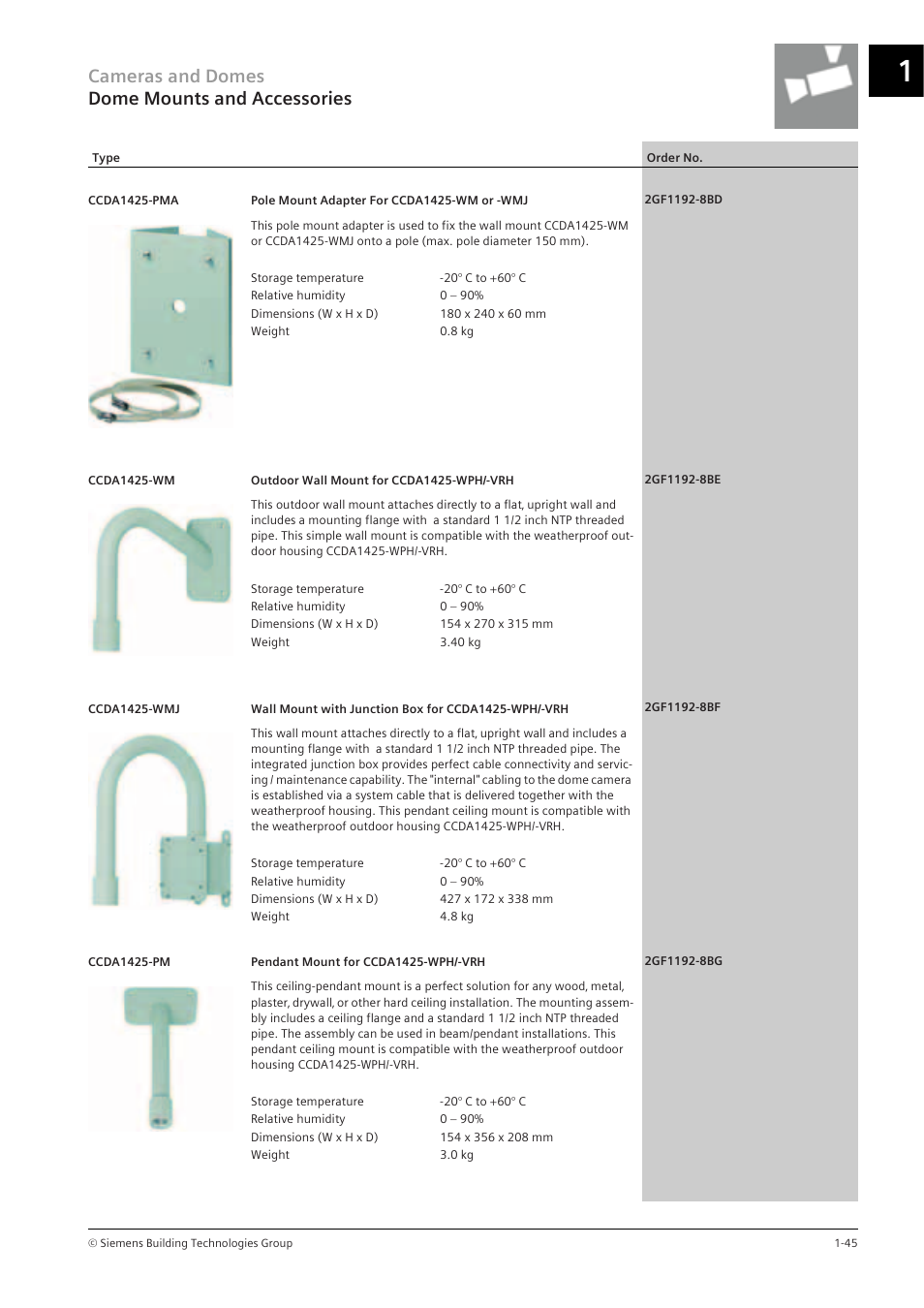 Cameras and domes dome mounts and accessories | Siemens TFT User Manual | Page 49 / 218