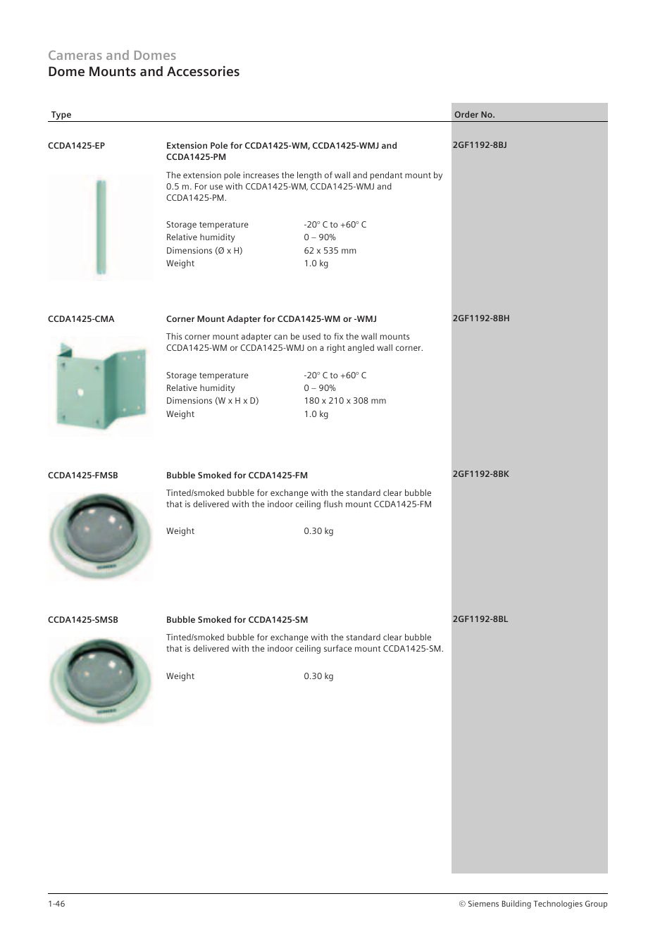 Cameras and domes dome mounts and accessories | Siemens TFT User Manual | Page 50 / 218