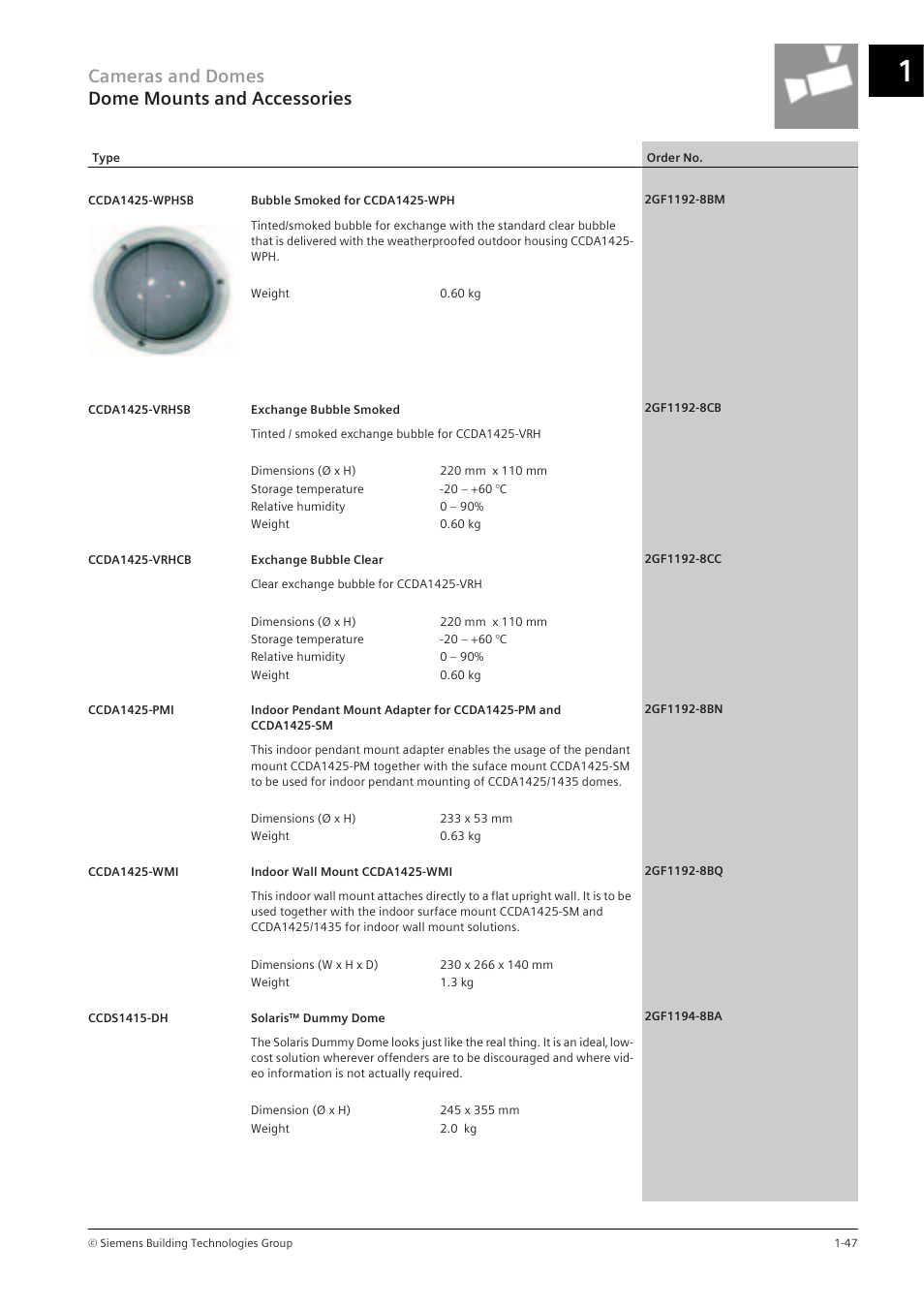 Cameras and domes dome mounts and accessories | Siemens TFT User Manual | Page 51 / 218