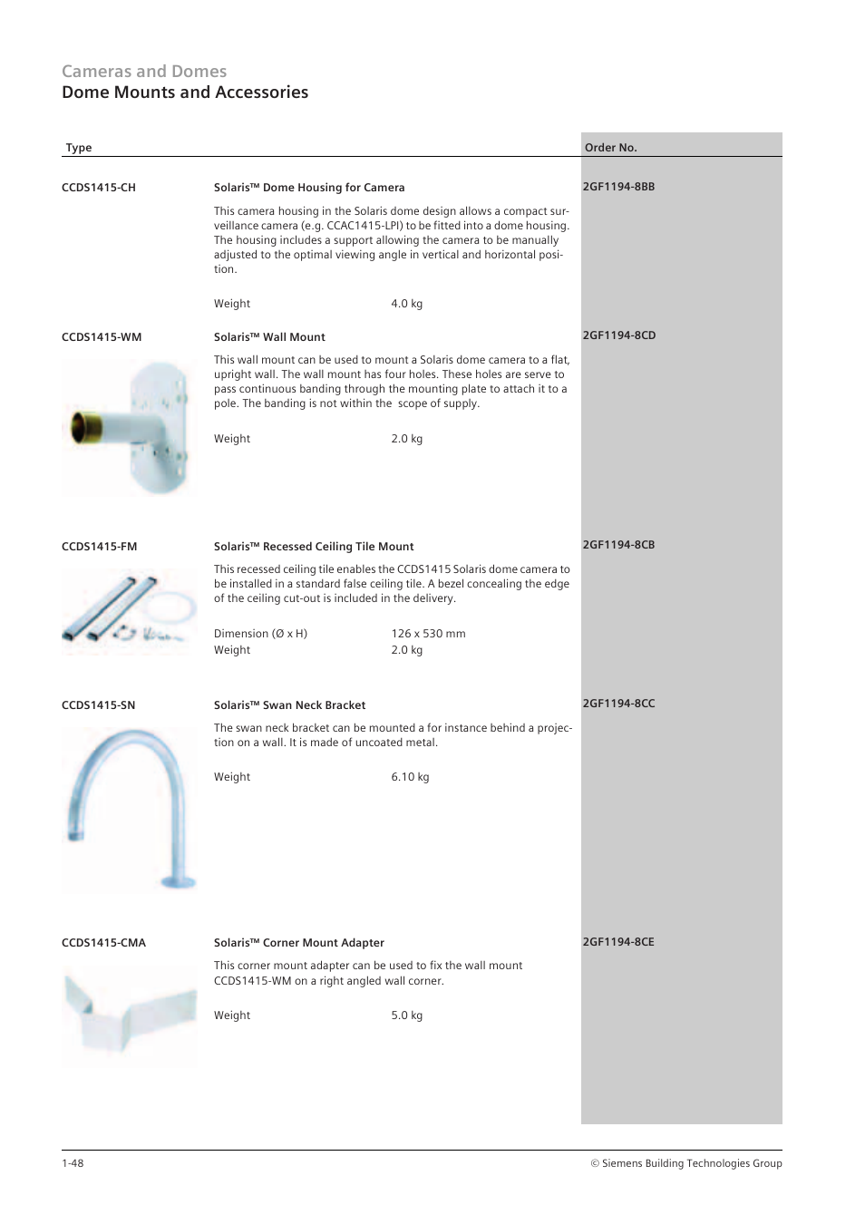 Cameras and domes dome mounts and accessories | Siemens TFT User Manual | Page 52 / 218