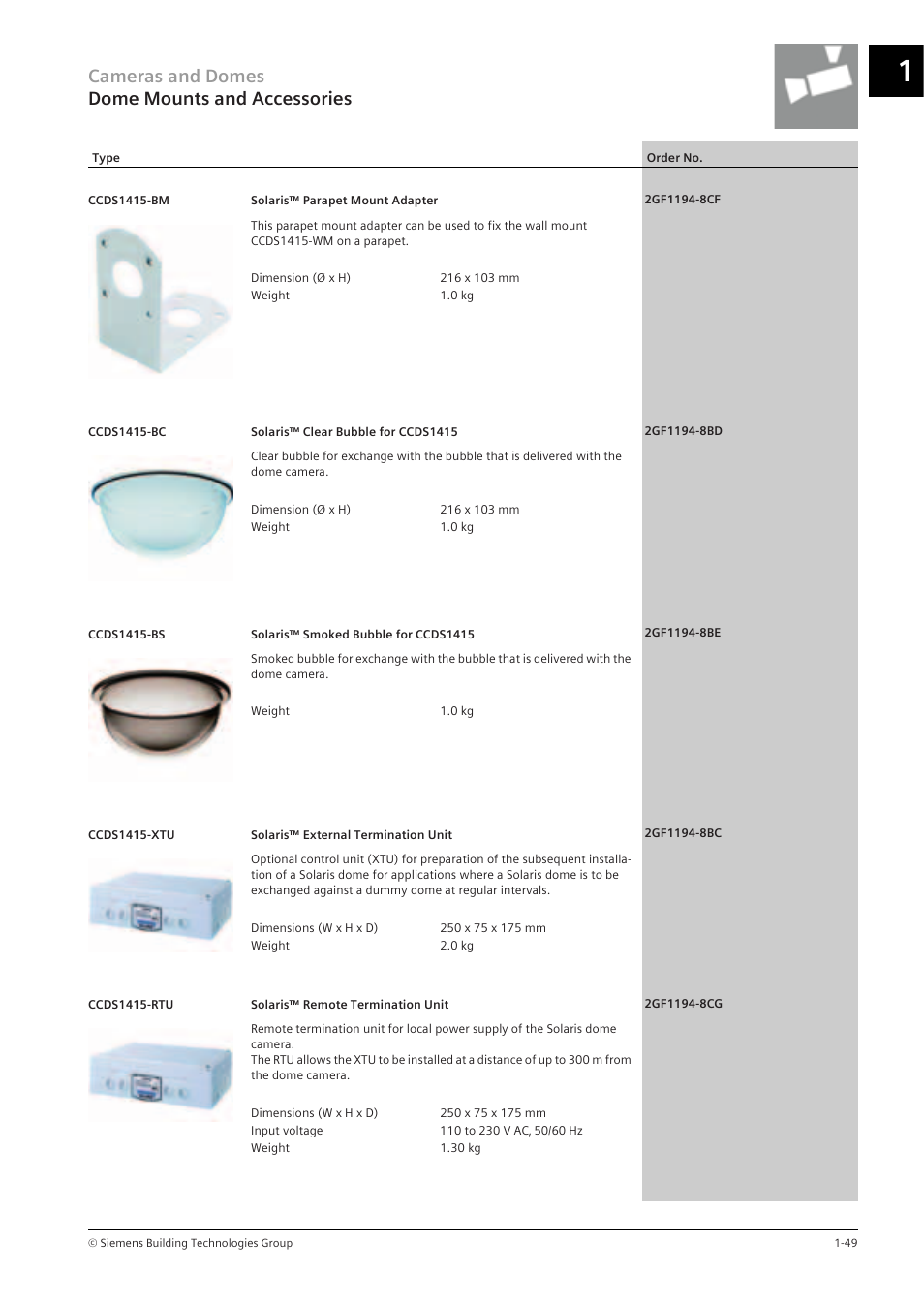 Cameras and domes dome mounts and accessories | Siemens TFT User Manual | Page 53 / 218