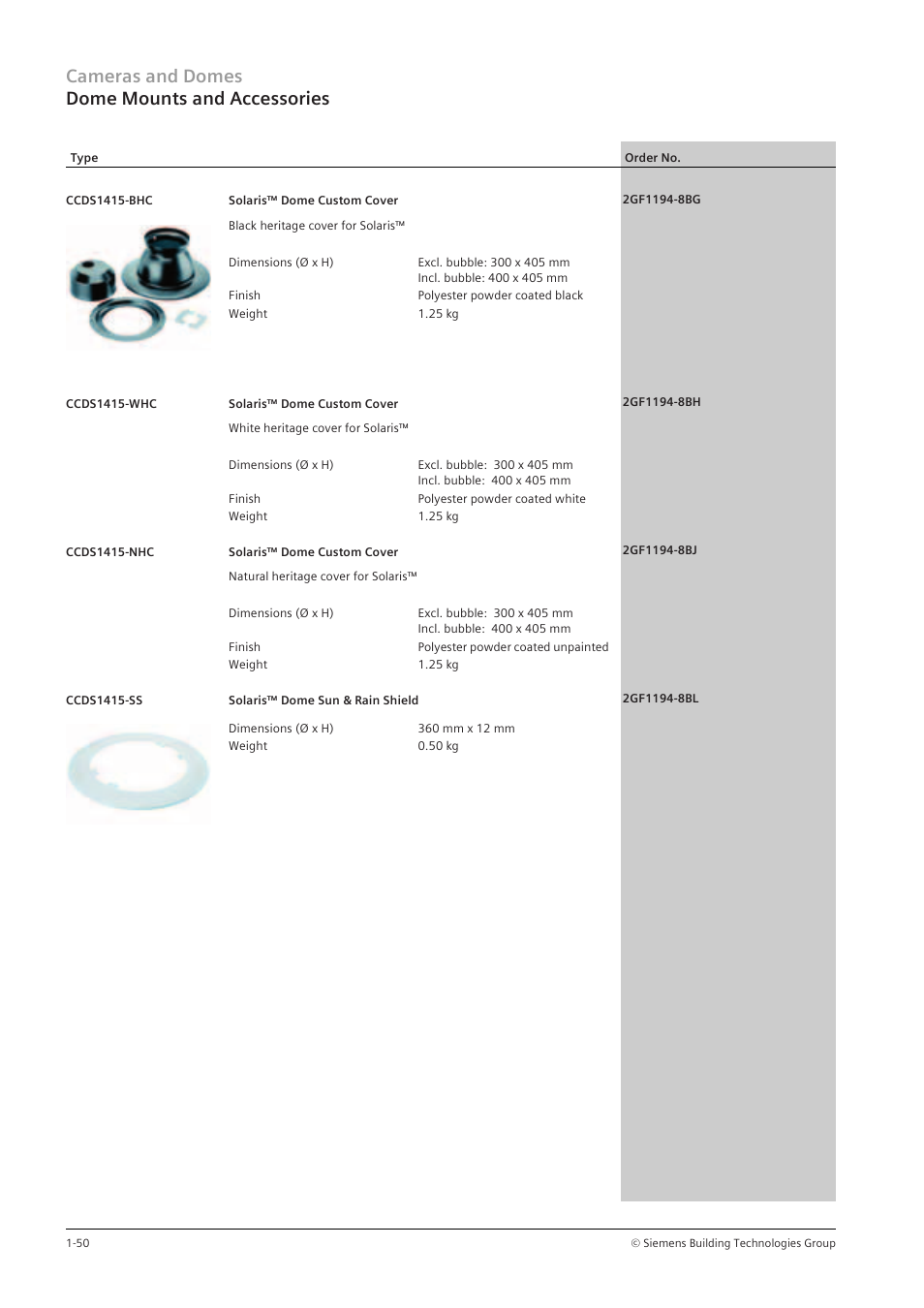 Cameras and domes dome mounts and accessories | Siemens TFT User Manual | Page 54 / 218