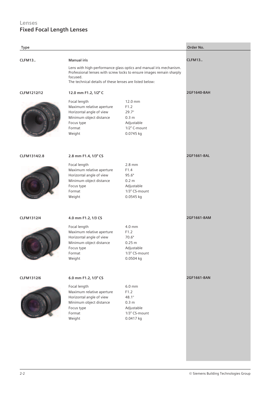 Lenses fixed focal length lenses | Siemens TFT User Manual | Page 66 / 218