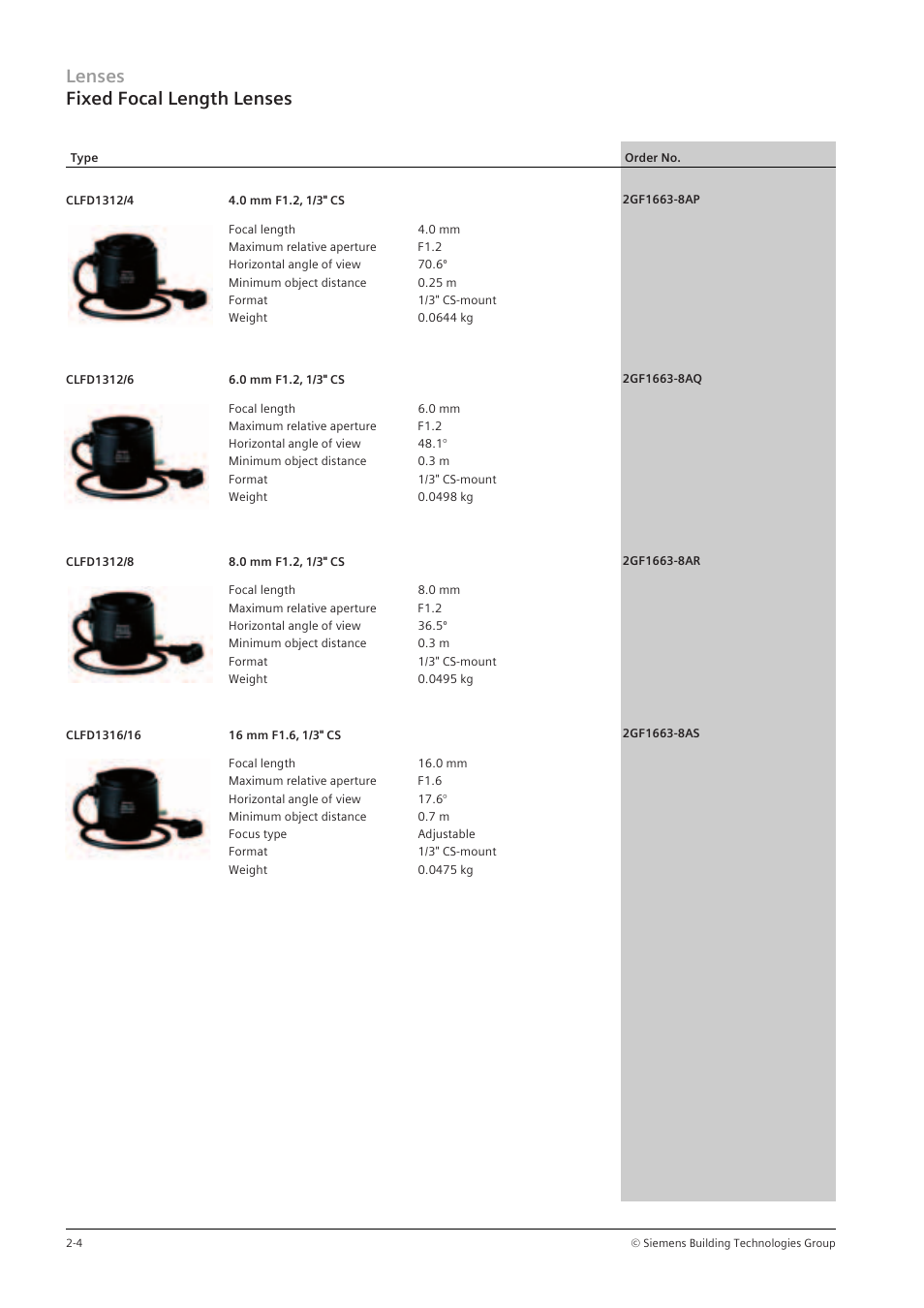 Lenses fixed focal length lenses | Siemens TFT User Manual | Page 68 / 218