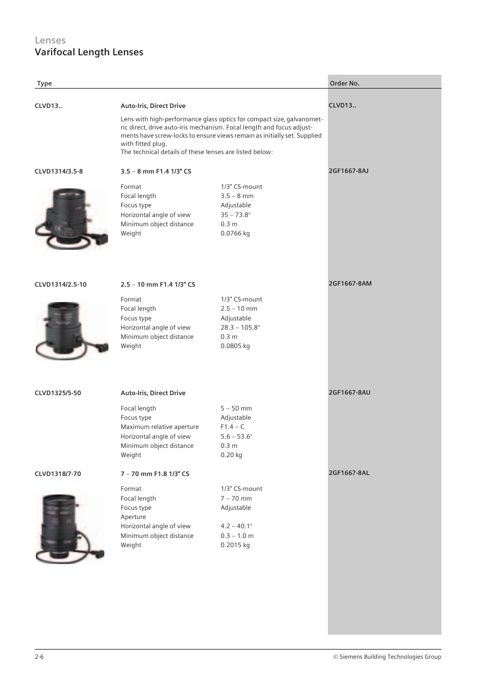 Lenses varifocal length lenses | Siemens TFT User Manual | Page 70 / 218