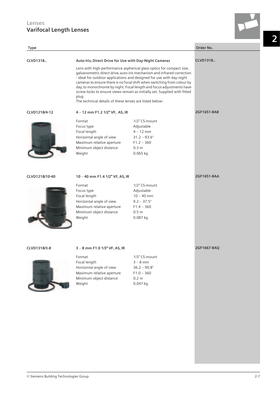 Lenses varifocal length lenses | Siemens TFT User Manual | Page 71 / 218