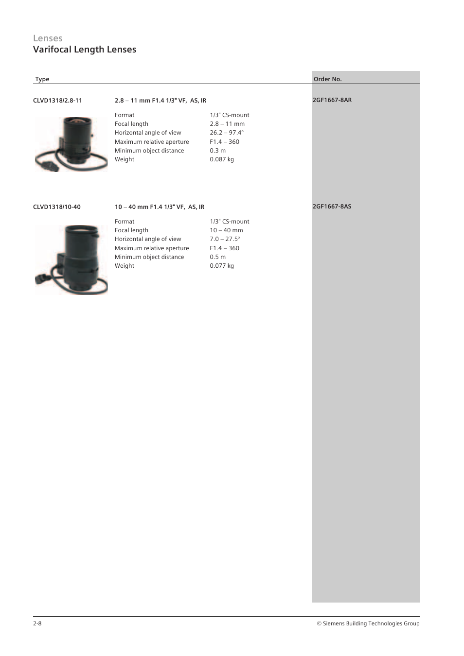 Lenses varifocal length lenses | Siemens TFT User Manual | Page 72 / 218