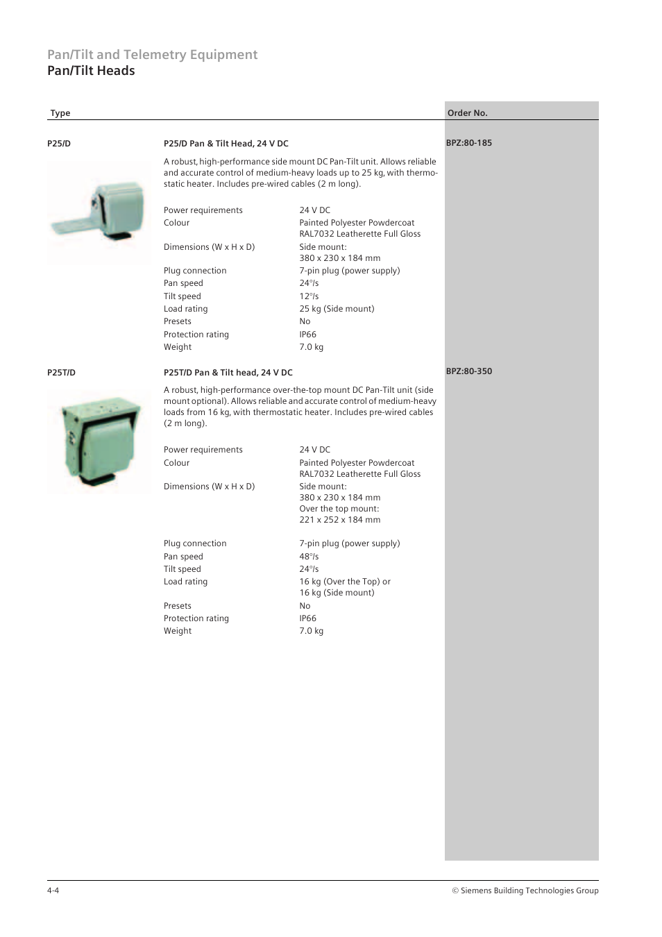 Pan/tilt and telemetry equipment pan/tilt heads | Siemens TFT User Manual | Page 94 / 218