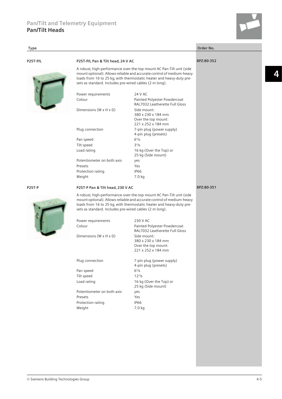 Pan/tilt and telemetry equipment pan/tilt heads | Siemens TFT User Manual | Page 95 / 218