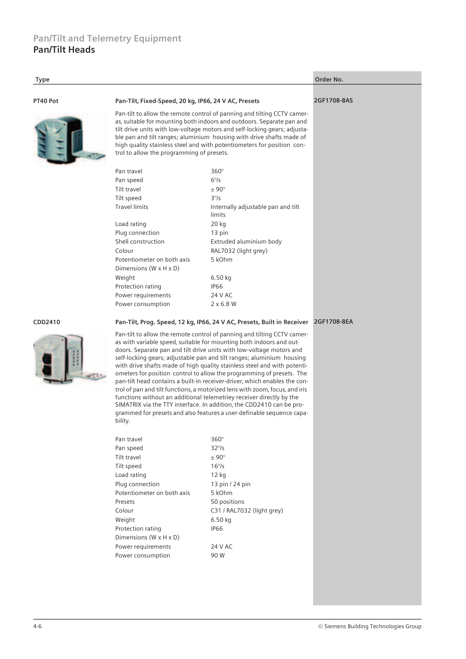 Pan/tilt and telemetry equipment pan/tilt heads | Siemens TFT User Manual | Page 96 / 218