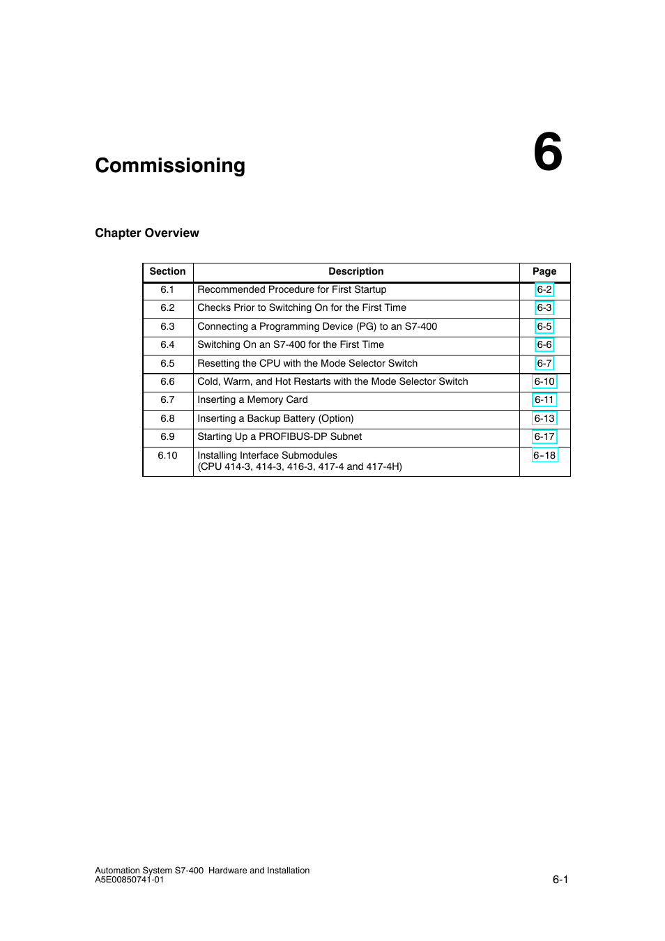 6 commissioning, Commissioning | Siemens Automation System S7-400 User Manual | Page 129 / 228