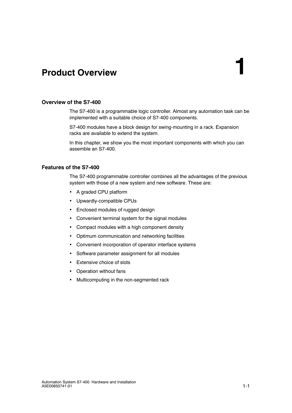 1 product overview, Product overview | Siemens Automation System S7-400 User Manual | Page 13 / 228