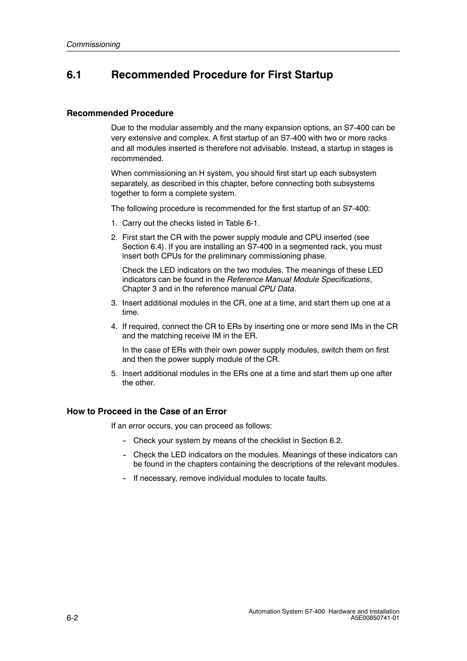 1 recommended procedure for first startup | Siemens Automation System S7-400 User Manual | Page 130 / 228